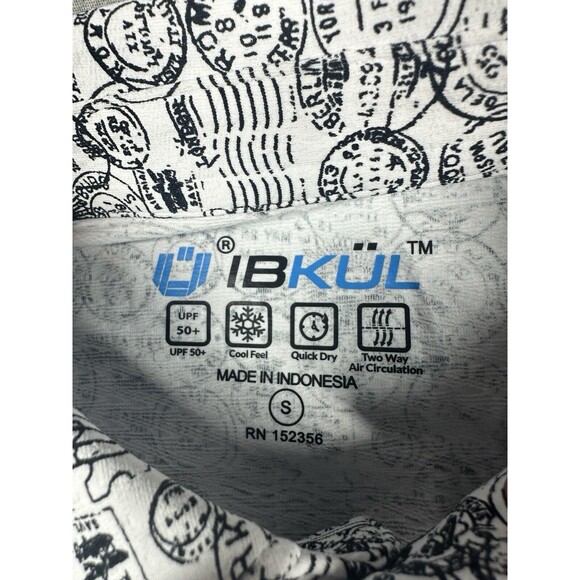 Ibkul Polo Shirt Mens Small White Black Antique Stamp Postmark AOP Icefil UPF - Picture 4 of 7